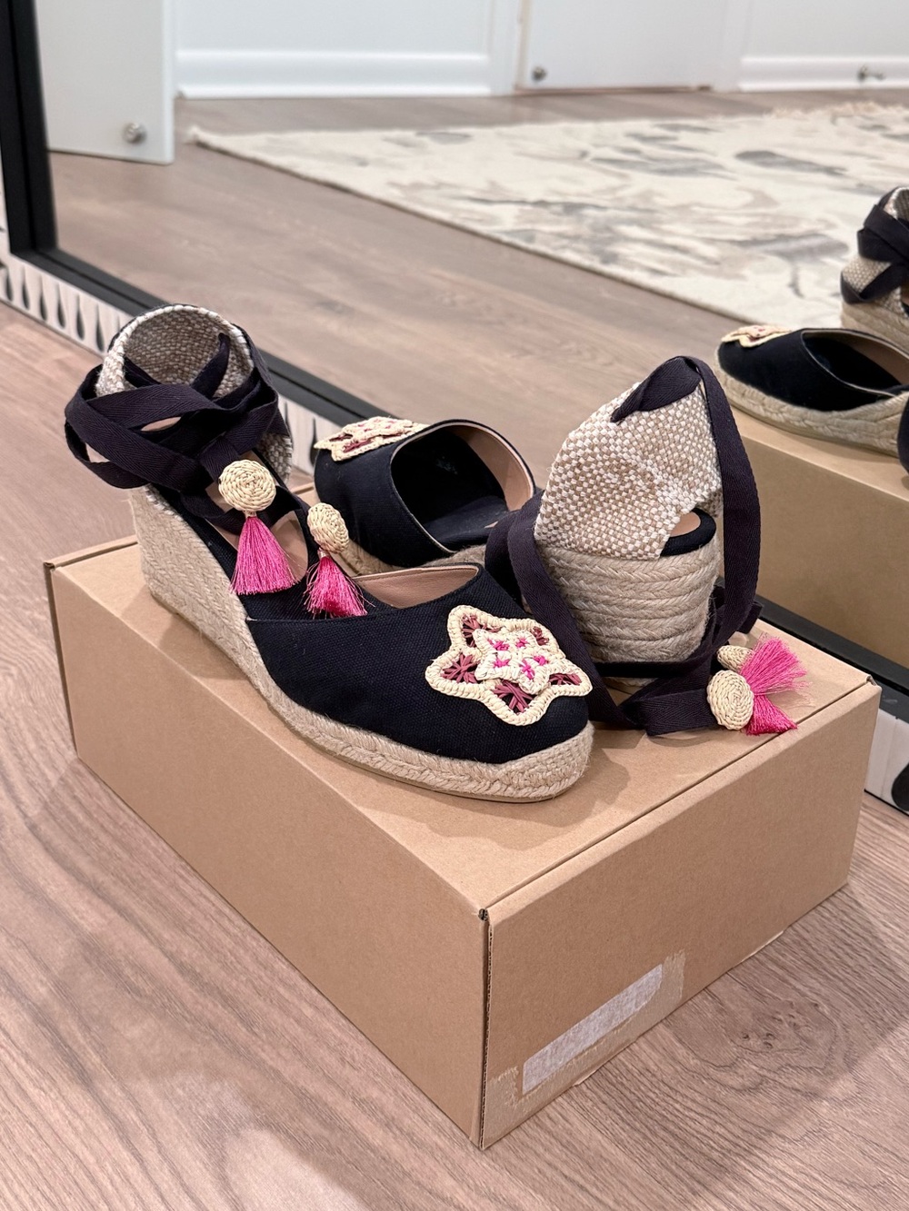 Castaner - women’s Navy Espadrille Wedge Sandals with Pink Tassels